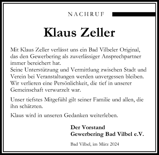 Traueranzeige von Klaus Zeller von Bad Vilbel/Karben
