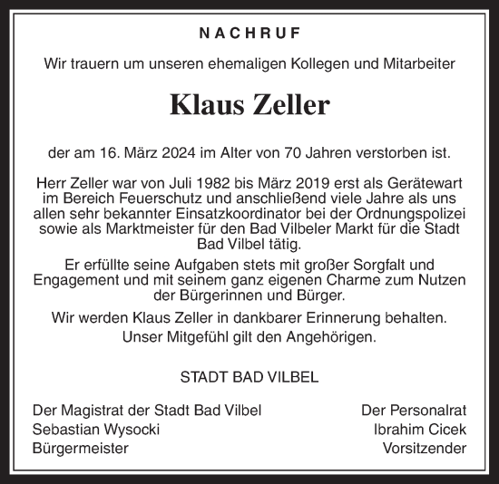Traueranzeige von Klaus Zeller von Bad Vilbel/Karben