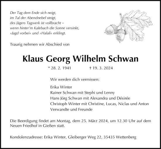 Traueranzeige von Klaus Georg Wilhelm Schwan von Giessener Allgemeine, Alsfelder Allgemeine, Giessener Anzeiger