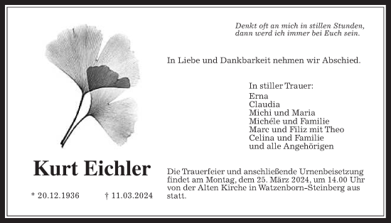 Traueranzeige von Kurt Eichler von Pohlheimer Nachrichten