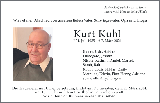 Traueranzeige von Kurt Kuhl von Wetterauer Zeitung