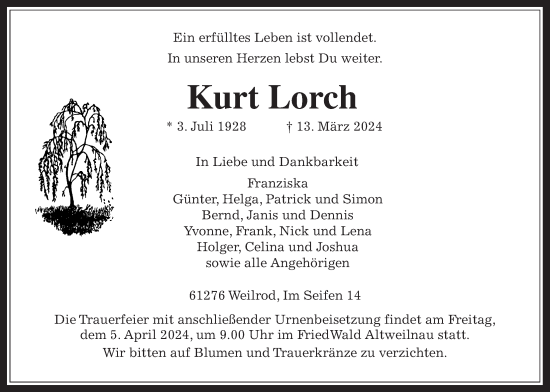 Traueranzeige von Kurt Lorch von Usinger Anzeiger