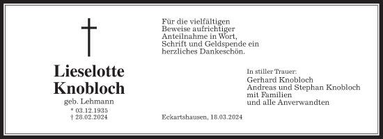 Traueranzeige von Lieselotte Knobloch von Kreis-Anzeiger