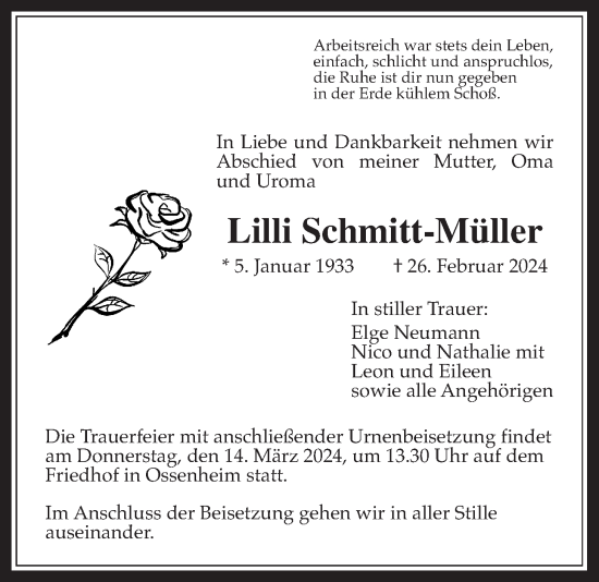 Traueranzeige von Lilli Schmitt-Müller von Wetterauer Zeitung