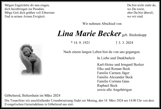 Traueranzeige von Lina  Becker von Giessener Allgemeine, Alsfelder Allgemeine