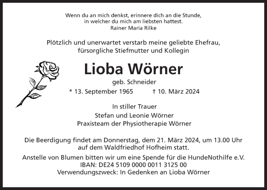 Traueranzeige von Lioba Wörner 
