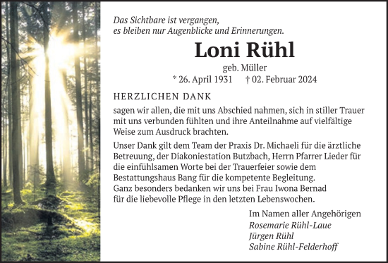 Traueranzeige von Loni Rühl von Butzbacher Zeitung
