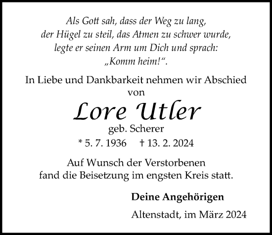 Traueranzeige von Lore Utler von Kreis-Anzeiger