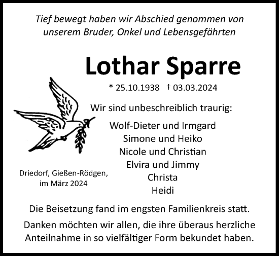 Traueranzeige von Lothar Sparre von Giessener Allgemeine, Alsfelder Allgemeine