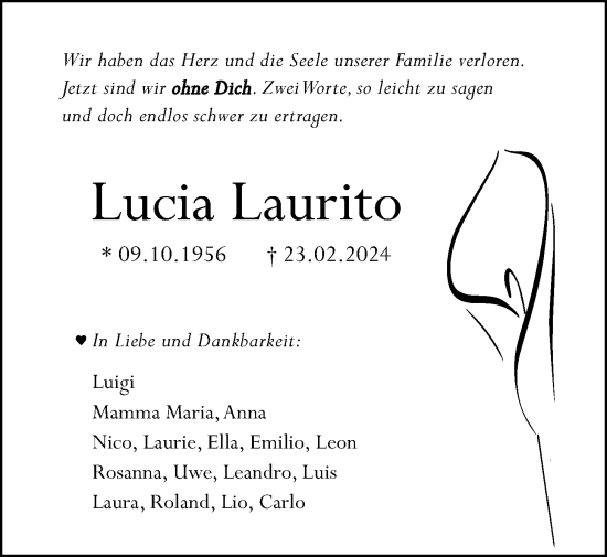 Traueranzeige von Lucia Laurito von Giessener Anzeiger, Giessener Allgemeine, Alsfelder Allgemeine
