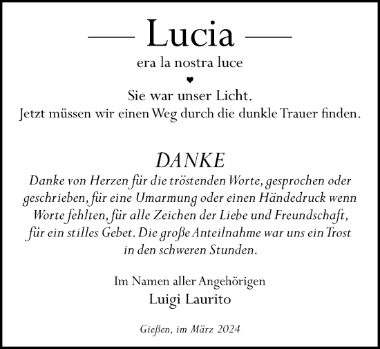 Traueranzeige von Lucia Laurito von Giessener Allgemeine, Alsfelder Allgemeine, Giessener Anzeiger