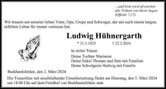 Traueranzeige von Ludwig Hühnergarth von Giessener Anzeiger, Giessener Allgemeine, Alsfelder Allgemeine
