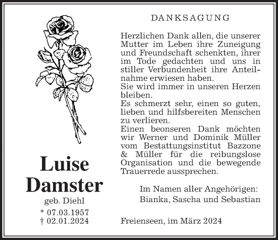 Traueranzeige von Luise Damster von Laubacher Anzeiger