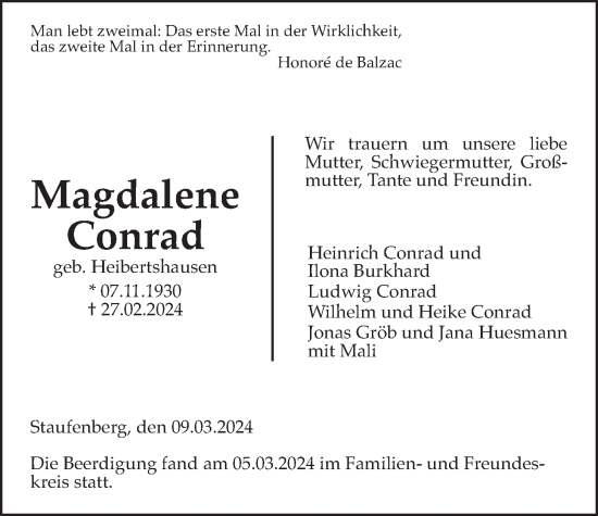 Traueranzeige von Magdalene Conrad von Giessener Anzeiger, Giessener Allgemeine, Alsfelder Allgemeine