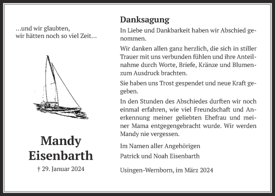 Traueranzeige von Mandy Eisenbarth von Usinger Anzeigenblatt