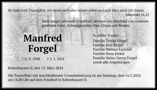 Traueranzeige von Manfred Forgel von Giessener Allgemeine, Alsfelder Allgemeine