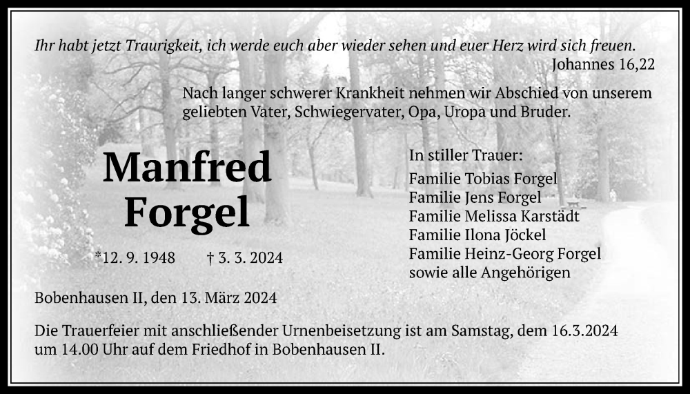  Traueranzeige für Manfred Forgel vom 13.03.2024 aus Giessener Allgemeine, Alsfelder Allgemeine