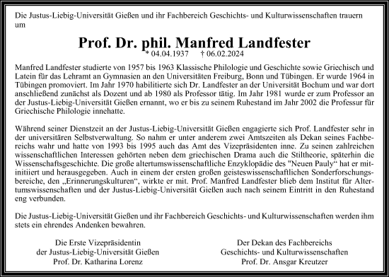 Traueranzeige von Manfred Landfester von Giessener Anzeiger, Giessener Allgemeine, Alsfelder Allgemeine