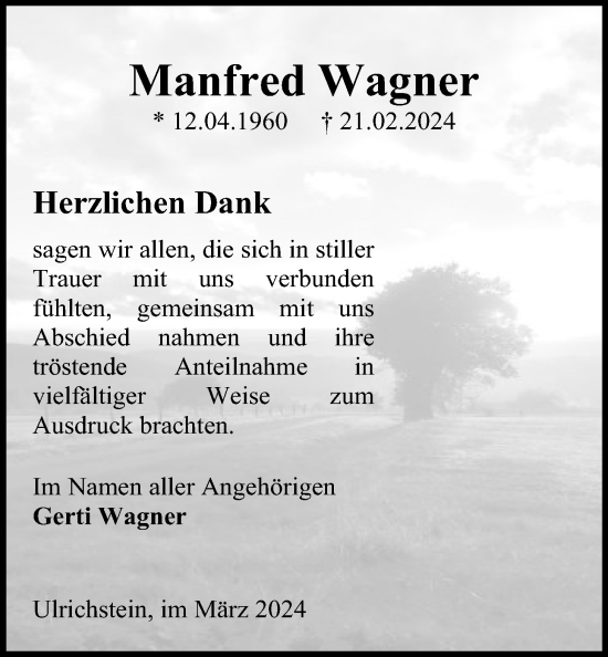 Traueranzeige von Manfred Wagner von Kreis-Anzeiger