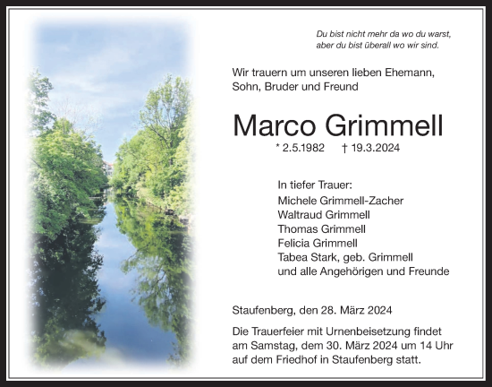 Traueranzeige von Marco Grimmell von Giessener Allgemeine, Alsfelder Allgemeine, Giessener Anzeiger
