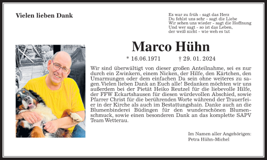 Traueranzeige von Marco Hühn von Kreis-Anzeiger