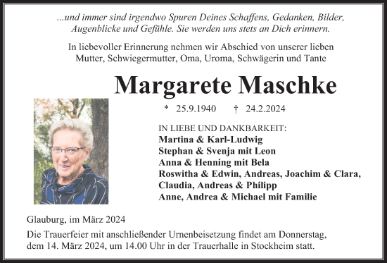 Traueranzeige von Margarete Maschke von Kreis-Anzeiger