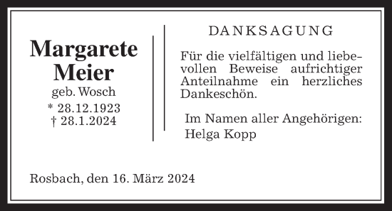 Traueranzeige von Margarete Meier von Wetterauer Zeitung