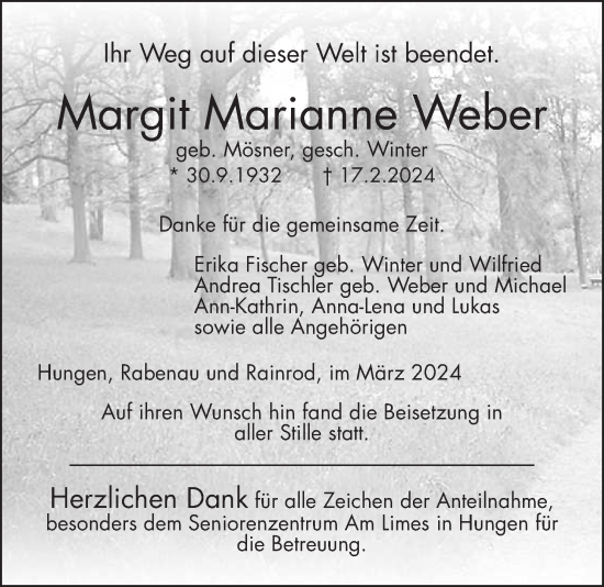 Traueranzeige von Margit  Weber von Giessener Anzeiger, Kreis-Anzeiger