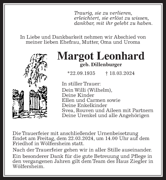 Traueranzeige von Margot Leonhard von Wetterauer Zeitung