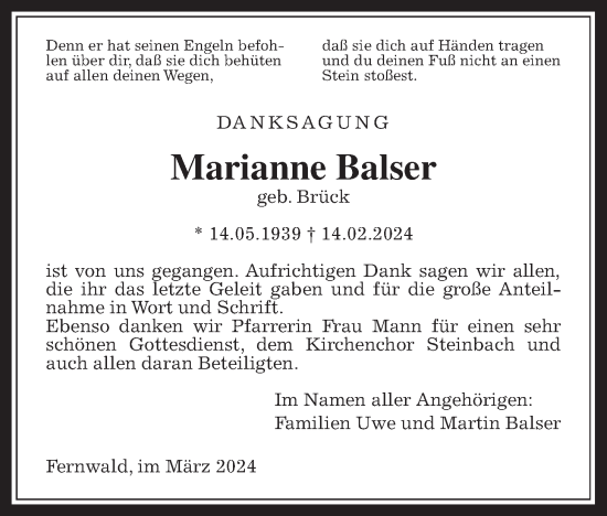 Traueranzeige von Marianne Balser von Giessener Allgemeine, Alsfelder Allgemeine