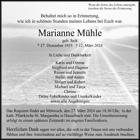 Traueranzeige von Marianne Mühle von Usinger Anzeigenblatt
