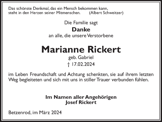 Traueranzeige von Marianne Rickert von Kreis-Anzeiger