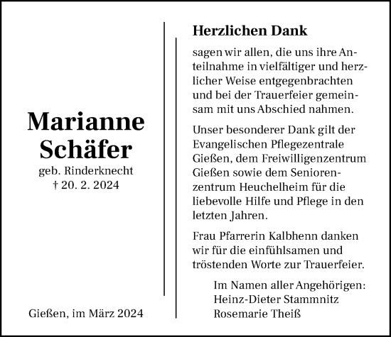 Traueranzeige von Marianne Schäfer von Giessener Allgemeine, Alsfelder Allgemeine, Giessener Anzeiger