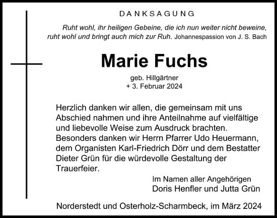 Traueranzeige von Marie Fuchs von Oberhessische Zeitung, Alsfelder Allgemeine