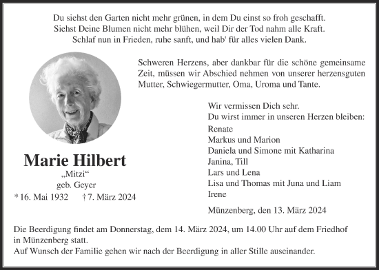 Traueranzeige von Marie Hilbert von Butzbacher Zeitung