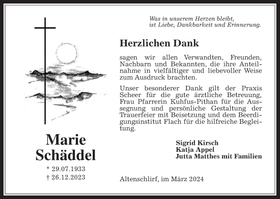 Traueranzeige von Marie Schäddel von Lauterbacher Anzeiger, 