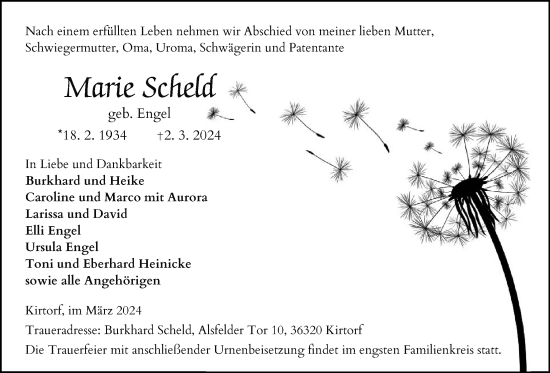 Traueranzeige von Marie Scheld von Oberhessische Zeitung