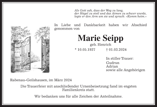 Traueranzeige von Marie Seipp von Giessener Allgemeine, Alsfelder Allgemeine