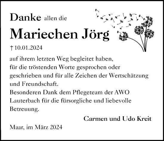 Traueranzeige von Mariechen Jörg von Lauterbacher Anzeiger