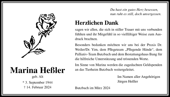 Traueranzeige von Marina Heßler von Butzbacher Zeitung