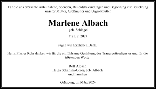 Traueranzeige von Marlene Albach von Giessener Allgemeine, Alsfelder Allgemeine