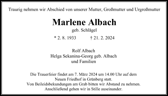 Traueranzeige von Marlene Albach von Giessener Allgemeine, Alsfelder Allgemeine