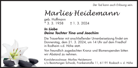Traueranzeige von Marlies Heidemann von Wetterauer Zeitung