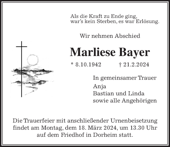 Traueranzeige von Marliese Bayer von Wetterauer Zeitung