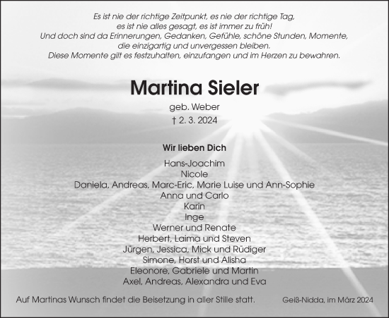 Traueranzeige von Martina Sieler von Kreis-Anzeiger