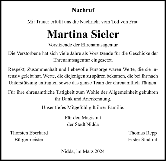 Traueranzeige von Martina Sieler von Kreis-Anzeiger