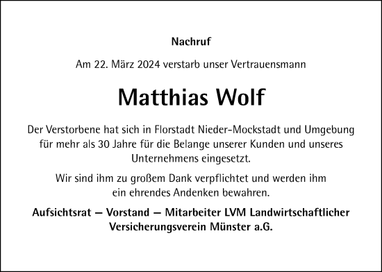 Traueranzeige von Matthias Wolf von Kreis-Anzeiger