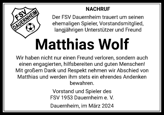 Traueranzeige von Matthias Wolf von Kreis-Anzeiger