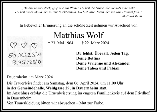 Traueranzeige von Matthias Wolf von Kreis-Anzeiger