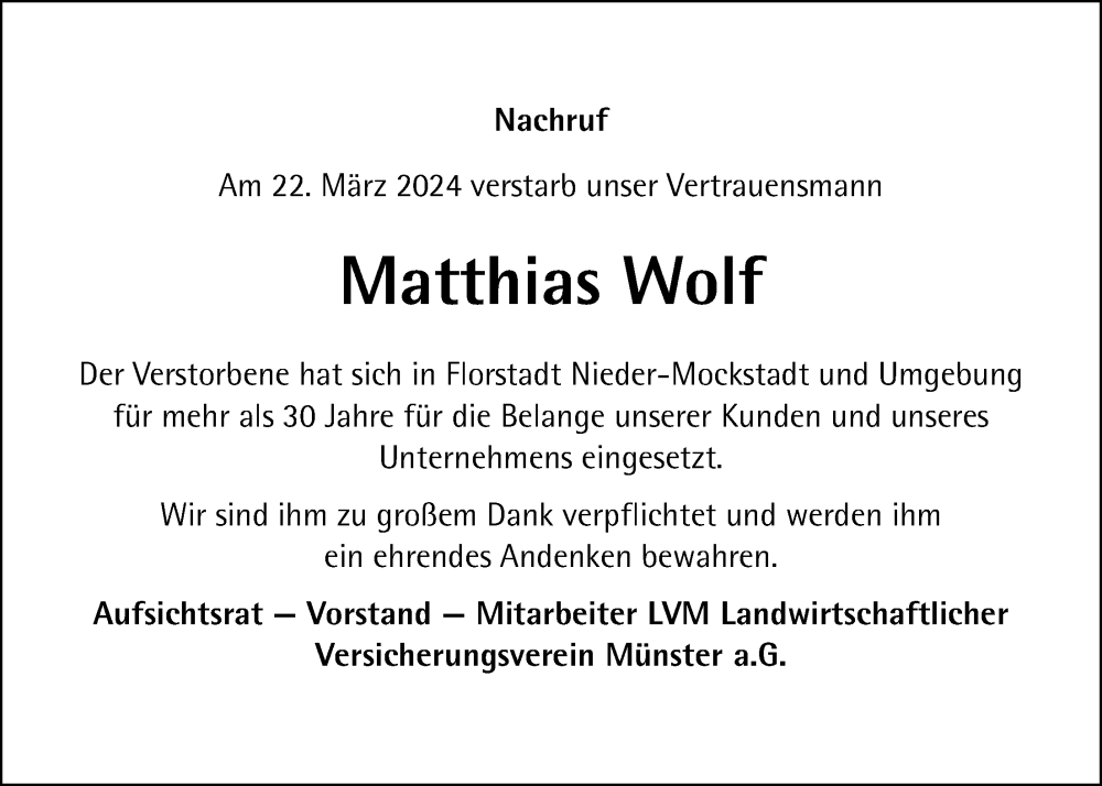  Traueranzeige für Matthias Wolf vom 30.03.2024 aus Kreis-Anzeiger